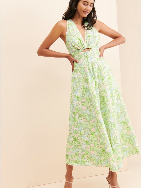 C/MEO Collective Dresses & Skirts - C/MEO Far Away Drop Waist Light Green Floral Midi Dress with Cutout Size Medium